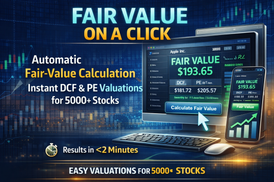Automatic fair value calculation tool showing DCF and PE valuation results for stocks with dashboard displaying instant analysis and pricing insights