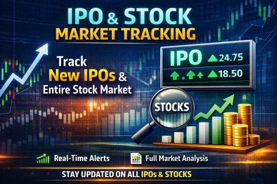 IPO and stock market tracking dashboard with charts, growth arrows, and analytics showing real-time monitoring of new IPOs and existing stocks