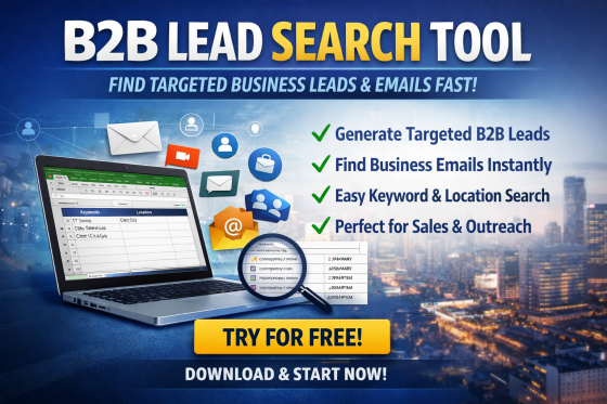 B2B lead search tool interface showing Excel-based keyword input and generated business leads with email contacts